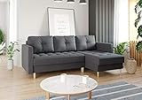 Ecksofa Skandi mit Schlaffunktion, L Form Couch, Ecksofa mit Schlaffunktion, Sofa mit Kissen, Sofagarnitur mit Schalffunktion, Ottomane Rechts, 220 x 150 cm (Dunkelgrau)