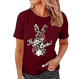 foreverH Damen Tops Ostern Print Kurzarm T-Shirt Tops Damen Casual Classic Rundhals Basic T-Shirts Regular Fit (A01-Wein , XL)