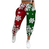 Damen Hosen Weihnachten High Waist Jogginghose Schneeflocke Elch Drucken Hose Lang Elastischen Bund Sweathose Casual Loose Sporthose mit Taschen Freizeithose Herbst Winter Fitness Hosen Yog