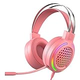 Gaming-Headset Virtueller 7.1-Kanal-Stereo-Surround-Kopfhörer mit Soundkarte Chip Omnidirektionales Mikrofon 50-mm-Audiotreiber 16 Farben RGB-Rauschunterdrückung für PC / PS4 / Laptop Mac (Pink)