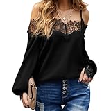 NPRODLO Damen Rückenfrei Kalte Schulter Aushöhlen Spitzenbesatz Sexy Crop Tanktop Bluse Frauen Beiläufige Übergröße Langarm Einfarbig Klassisch Bequem Lose Spaghetti Strape Camisole Weste Cami S