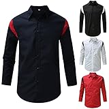 Hemd Herren Herbst Winter T-Shirt Blockfarben Langarmhemd Langarm Knopf Top V-Ausschnitt Freizeithemd Oberteil Casual Bluse Businesshemd Farbblock-T-Shirts mit Tasten Geschenk für Männer Vater F