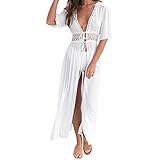 Petalum Damen Sommer Boho Kimono Lang Strand Cardigan Leichte Strickjacke Beachwear Bikini Cover Up Maxi Strandkleid (Weiß, EU 38(Etikette XL))