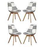 Retro 4er Set Stoff-Esszimmerstühlen Patchwork Seitenstühle Nordic Lounge Stuhl 4er Set Stühle mit Rückenlehne Sofakissen Massivholz Beine 4 Farben Optional (Schwarz-Weiß-Gitter4)