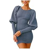 GENGG Damen Pullover Kleid Rundhalsausschnitt Langarm Midi Strickkleid Lange Fledermausärmel Minikleider Slim Fit Partyk