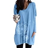 Tunika Locker Damen Große Größen Langarmshirts Winter mit Blumendruck Gr.50 48 Rundhals Pullover mit Vorne Taschen Oversize Hoodies Herbst Plus Size Lose T