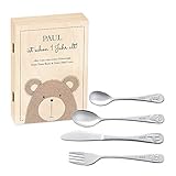 Murrano Kinderbesteck Set mit Gravur + Holzbox mit Aufdruck - mit Tieren - aus Edelstahl - Braun - Geschenk für Jungen zum Geburtstag zur Taufe Geburt - B