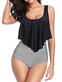 ZIYYOOHY Damen Bikini Set Push Up Volant Hohe Taille Tankini Set Bademode Badeanzug Große Größen (S, 4136Schwarz)