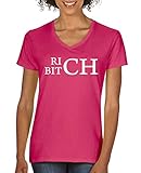 Comedy Shirts - Rich Bitch - Damen V-Neck T-Shirt - Pink/Weiss Gr. L