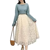 Qtinghua Damen Floral Spitzenrock Hohe Taille Lagenrock Mesh Kleid Prinzessin Langer Rock Gr. Einheitsgröße, aprik