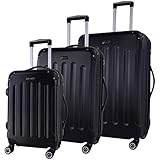 Shaik® Hartschalen-Koffer Trolley Rollkoffer Reisekoffer mit TSA-Schloss und 4 Rollen (Schwarz, 3er Set)