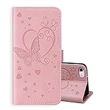 ONETHEFUL Handyhülle Book Cover Etui für iPhone SE 2020 / iPhone 7/ iPhone 8 Hülle PU Leder Schmetterling Blume Muster Tasche Case Huelle mit Ständer - R