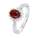 KnSam Damen Ring, Eheringe mit Stein verlobungsringe echt Silber 925 925 Silber Blume Ring mit Kostenlos Gravur für Damen Frau mit Rot Zirkonia Silber B