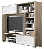 Wohnwand Lyon 802 Eiche Cambrian + Weiß Collage mit Schiebetüren Anbaunwand TV Wand Fernseherschrank 165x170x39cm TV Schrankwand TV Möb