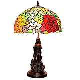 SDFDSSR Europäischer Stil Rote Rose 19,7 * 11,8 Zoll Tischlampe Viktorianische Barock Schreibtischlampen, Buntglas 3D Harz Basis Nachtlicht Für Wohnzimmer Lesezimmer E27, Knop