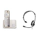 Panasonic KX-TGE210GN DECT Seniorentelefon (schnurlos, hörgerätekompatibel, Großtastentelefon, strahlungsarm/Anrufersperre) Champagner & RP-TCA430E-S Headset für KX-TGxx S