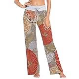 REFFW Damen dehnbare breite Bein-Lounge-Hosen elastischewaist, japanische Blumen-abstrakte Kunst-W