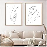 Strichzeichnung Paar Hand Hug Abstract Poster Wandkunst Leinwanddruck Schwarz Weiß Einfache Malerei Dekorative Bilder für Schlafzimmer 15,7x19,7in (40x50cm) x2pcs NO F