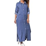 YunYoud Damen Langarm Roll Up Knopfleiste Jeans Shirtkleid Kleid Damen Herbst Baumwolle Leinen Voller vorderer Knopf Blouse Kleid mit Taschen Female Blusenkleid Langärmelig