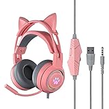 Sroomcla Cat Ear Kopfhörer - Kabelgebundenes Gaming-Headset mit Mikrofon, Abnehmbares Cat Ear Kopfhörer-Headset mit Beleuchtung, Noise Cancelling Over Ear Kopfhörer für Damen Mädchen (Rosa, Blau)