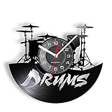LED-Wanduhr mit Hintergrundbeleuchtung, Schlagzeug-Wanduhr aus echter Vinyl-Schallplatte, Musikinstrument, Schlagzeuge, Percussion, mit LED-Beleuchtung, Kunstwerk, Dekoration, Nachtbeleuchtung
