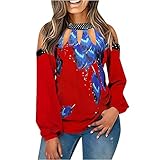 Orgrul Damen Pullover Tops Herbst Casual Trendy Feather Printed Cold Shoulder Sexy Tops Langarm Ausschnitt Lose Bequeme Tshirt (L, Rot)