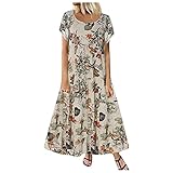 LINYOUY Bohemien Kleid Sommer Kleider Damen Baumwolle Und Leinen Blumendruck Kurzarm Rundhalskleid Kurzarm Locker Kleider Sommerkleid Damen Lang Kleid Damen Sommer B