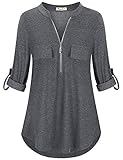 Hemdbluse Damen,3/4 äRmel V-Ausschnitt Tunika ReißVerschluss Langshirt Langarm Hemd Tops T-Shirt Oberteile Tunika Tops,Tiefes Grau,XXL