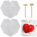 UTRUGAN 2 Stück Diamant Herzform Kuchenform Herz Silikonform 3D Diamant Herz Kuchen Backform Herz Geometrische Backform mit 2 Holzhammer für Schokolade, Brownie, Eis, Käsekuchen, Fondant (Weiß)