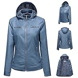 Damen Bikerjacke mit Kapuze Wasserdicht Atmungsaktiv 2 in 1 Mantel Zip Up Slim Fit Ledermantel Einfarbig Übergangsjacke Motorradjacke Outdoorjacke Lederjacke Freizeitjack