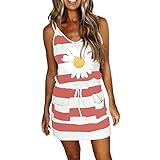BOOMJIU Freizeitkeid Damen Sommerkleid Freizeit ärmelloser Streifen Loose T Shirt Kleid Minikleid mit Taschen Damen Kleid V Ausschnitt Elegant Kurze Kordelzug Blusenkleid Party Strandk