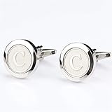 AdorabFruit Klassische silberne Herren-Manschettenknöpfe mit Initialen-Buchstaben, formelle Business-Hochzeit, Hemden, Mädchen (Hauptsteinfarbe: Weiß, Metallfarbe: C)