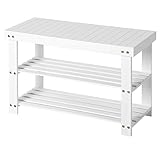 SONGMICS Schuhbank aus Bambus, Schuhregal, Schuhschrank mit Sitzbank, 70 x 28 x 45 cm, ideal für Flur, Bad, Wohnzimmer und Diele, weiß, LBS04B