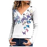 Damen Oversized V-Ausschnitt Langarm-T-Shirt Schmetterlingsdruck Knopfblusenoberteile Shirts Tops -T-Shirt Schmetterlingsdruck Knopfblusenoberteile Crop Tops Oberteile Tunik