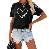 Qtinghua Valentinstag Frauen Kurzarm T-Shirt Herz Gedruckt Langarm Pullover Paare Geschenke Gr. M, #4-schw