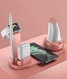 Six in One Multifunktionales Nachtlicht Nachttischlampe Handy Headset Uhr Universal Wireless Charger USB Aufladung 360° Drehbar Handy Halterung (Rosa)