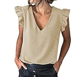 MEITING Damen Sommer Casual T-Shirt Einfarbig V-Ausschnitt Tank Top Regular Fit Oberteil Ärmellose Tunika Pullover Urlaub Strand Rüschenärmel Top Sweatshirts für F