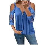 T-Shirt Damen Tunika Tops Spitze Mitte Ärmel Longshirt Hemd T-Shirt Damen einfarbig V-Ausschnitt Reißverschluss Bluse Sommer Schulterfrei T-Shirt Tops Elegante Blusen & Tunik