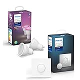 Philips Hue White & Color Ambiance GU10 LED Lampe Doppelpack und Button, dimmbar, bis zu 16 Millionen Farben, steuerbar via App, kompatibel mit Amazon Alexa (Echo, Echo Dot)