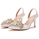 Damen Perle Sandalen Elfenbein Spitze Stiletto Pumps Brautschuhe Kristall Hochzeitsschuhe Wedding Shoes Elegante Knöchelriemen Braut Hochzeit Schuhe High Heels,Weiß,33 EU