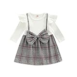 Yassiglia 0-24 Monate Kleinkind Baby Mädchen Outfits Kleidung Sets Prinzessin Kleid Anzug Langarm Rüschen Top Kariert Hosenträger Rock mit Schleife Fly Sleeve Dress (weiß, 0-6 Months)