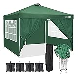 COBIZI Pavillon 3 x 3 WASSERDICHT, Pavillon inkl. Tasche wasserabweisend höhenverstellbar faltbar Pop-up Gartenzelt Partyzelt (3 x 3 m +4Seitenteilen+4Sandsack+Lüftungsschlitze, Grün)