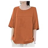 BUKINYE Damen Sommer Casual 3/4-Ärmel Tops und Bluse Rundhals Lose Leinen Baumwolle Shirts Solide Basic T-Shirts, Orange, XXXXL