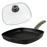 BAF Grillpfanne 28x28 cm Induktion mit Deckel (Set) - Flacher Rand - große quadratische Bratpfanne antihaftbeschichtet aus Aluminiumg