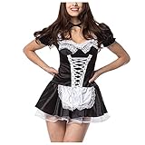 Damen Oktoberfest Kostüm, Dirndlkleid Midi für Oktoberfest Karneval, Trachtenkleid mit Schürze, Halloween Cosplay Kostüm Trachtenkleid Maid Kleid Bayerisches Bier Mädchen Dirndl (Schwarz-2, XXXXL)