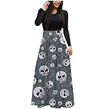 STOREYH Damen Halloween Druck Rock Volltonfarbe Tops Spleiß Maxi Kleider Elegant High Waist Rundhals Langarm Wickel Tunika Rollenspiel Kleid Hexe Party Festlich Abend Frauen Dress Karneval Blusenk