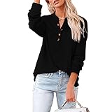 Tekaopuer Langärmeliger einfarbiger Pullover, Knopf-Kapuzenpullover, V-Ausschnitt, leger, lockerer Kapuzenpullover für Damen, Z2-black, 50