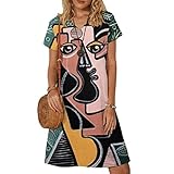 QAZW Damen Sommerkleid Elegant V-Ausschnitt Freizeitkleid Leinenoptik Leinenkleid Knielang Lang Blumenmuster Blusenkleid 1/2 Langarm Retro Casual Lose Tunika Tuch Kleid Boho Kleid, Schwarz-XL