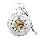 GNUIO Taschenuhren Rose Gold/Schwarz/Silber/Bronze Römische Ziffern Display Mechanische Handwicklung Antike Taschenuhren Vintage Anhängeruhr Geschenke (Color : Silver)