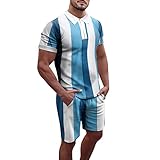 Julhold Kurzarmhemden und Shorts für Herren, 2-teilig, bedruckter Trainingsanzug, kausaler Umlegekragen, Oberteile, T-Shirts(03 Blau,XXL)